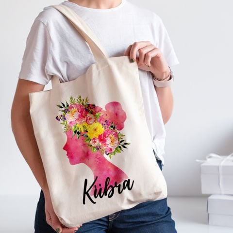 Pembe Çiçekli Kadın Silüeti 8 Mart Hediyesi Kol Çantası