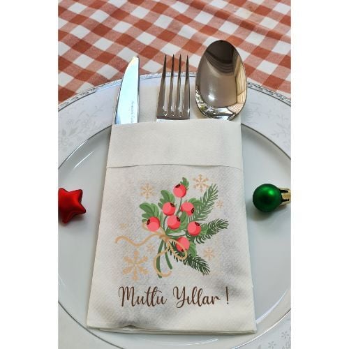 Kumaş Dokulu Kokina Çiçekli Mutlu Yıllar Yılbaşı Masası Sunum Peçetesi