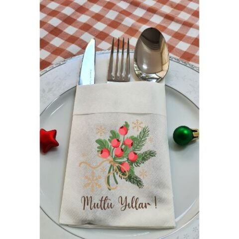 Kumaş Dokulu Kokina Çiçekli Mutlu Yıllar Yılbaşı Masası Sunum Peçetesi