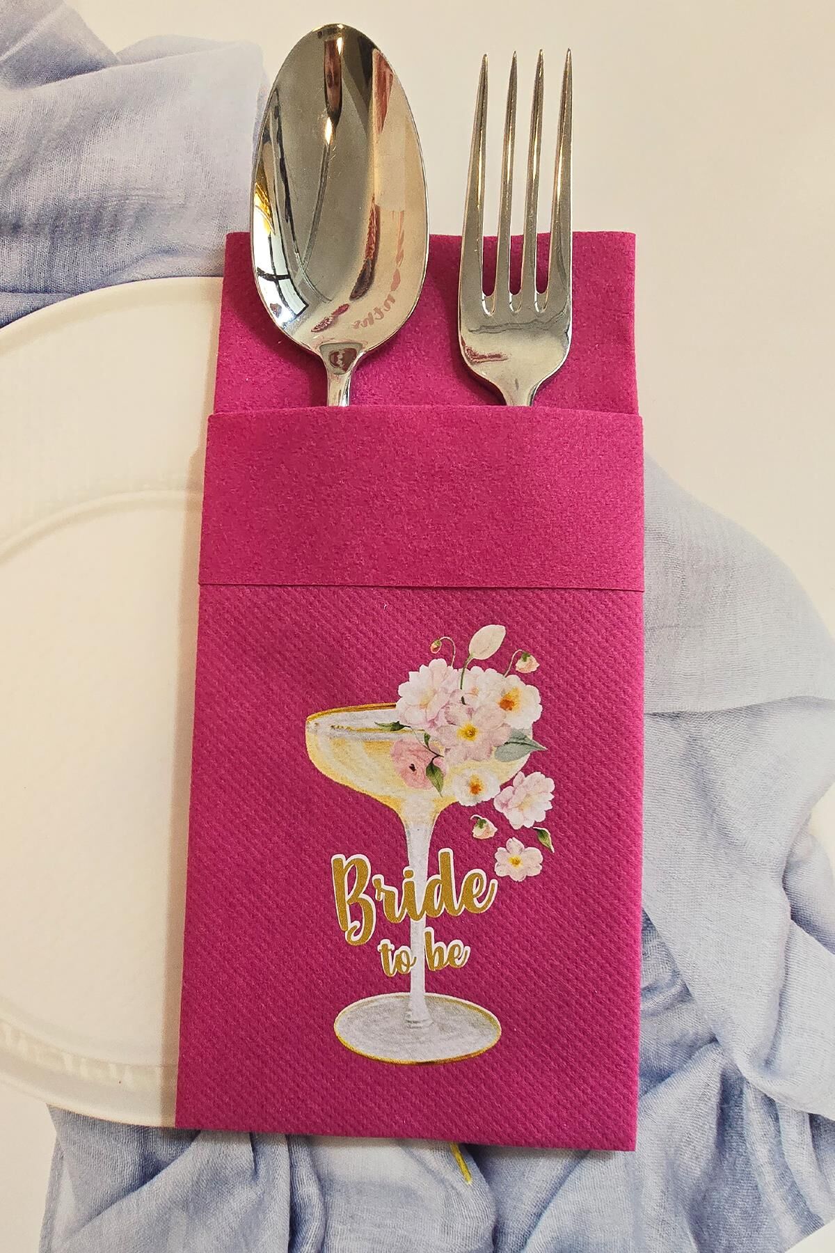 Fuşya Kumaş Dokulu  Bride To Be Bride Parti Peçetesi FUŞYA Peçete 6'lı