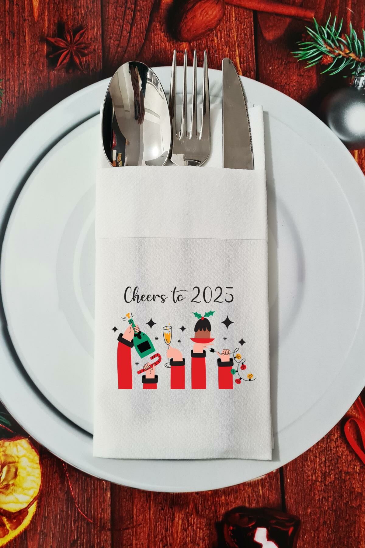 Kumaş Dokulu Cheers to 2025 Yılbaşı Masası Sunum Peçetesi