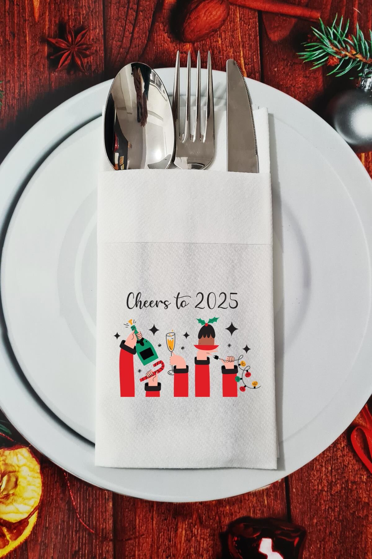 Kumaş Dokulu Cheers to 2025 Yılbaşı Masası Sunum Peçetesi