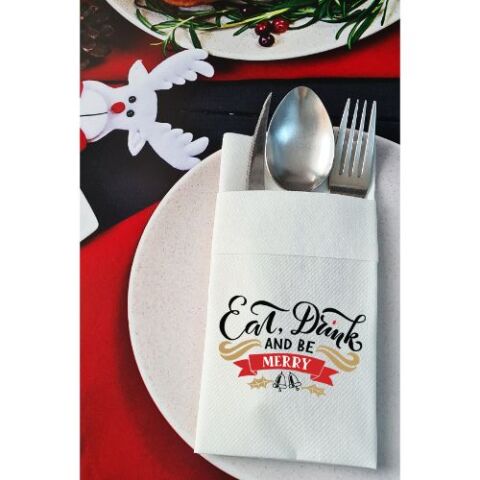Kumaş Dokulu Eat Drink and Be Merry Yılbaşı Masası Sunum Peçetesi