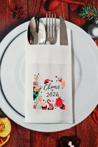 Kumaş Dokulu Cheers to 2026 Yılbaşı Masası Sunum Peçetesi