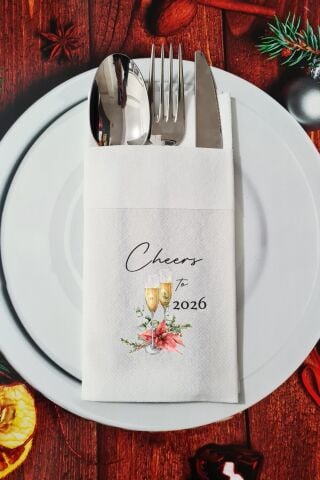 Kumaş Dokulu Cheers to 2026 Yazılı Yılbaşı Masası Sunum Peçetesi