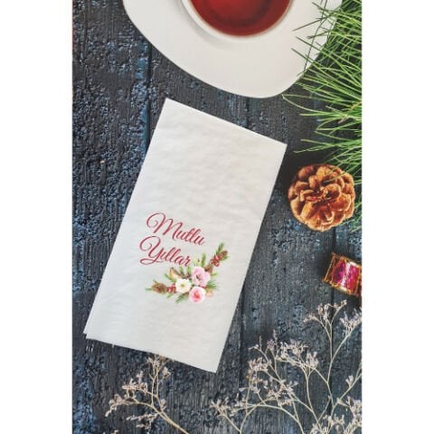 Pembe Çiçekli Mutlu Yıllar Yazılı Yılbaşı Masası Sunum Peçetesi