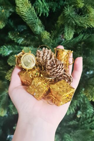 12'li Gold Kozalak Hediye Paketi Davul Şekilli Minik 3cm Yılbaşı Ağaç Süsleri