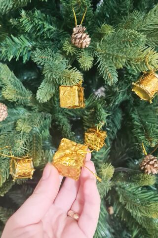 12'li Gold Kozalak Hediye Paketi Davul Şekilli Minik 3cm Yılbaşı Ağaç Süsleri