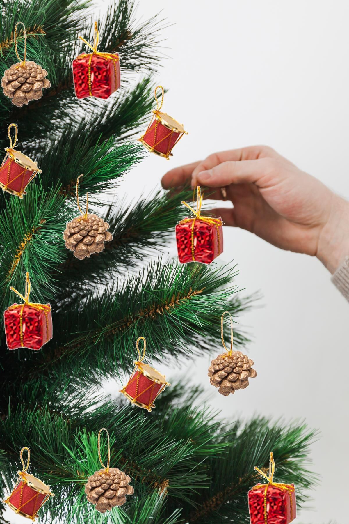 12'li Kırmızı Kozalak Hediye Paketi Davul Şekilli Minik 3cm Yılbaşı Ağaç Süsleri