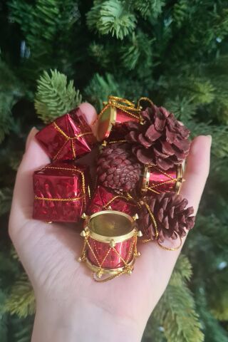 12'li Kırmızı Kozalak Hediye Paketi Davul Şekilli Minik 3cm Yılbaşı Ağaç Süsleri