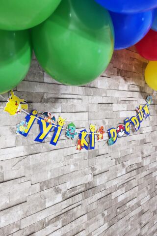 Pokemon Tema Doğum Günü İyi Ki Doğdun Banner Kalın Kart Uzun Banner