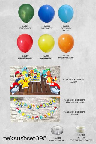 Pokemon Konsept Doğum Günü Balon Zinciri Seti Masa Üstü Pano ve Bannerlı Doğum Günü Süsleme Seti