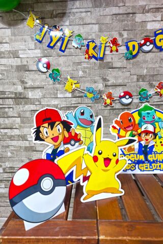 Pokemon Konsept Doğum Günü Balon Zinciri Seti Masa Üstü Pano ve Bannerlı Doğum Günü Süsleme Seti