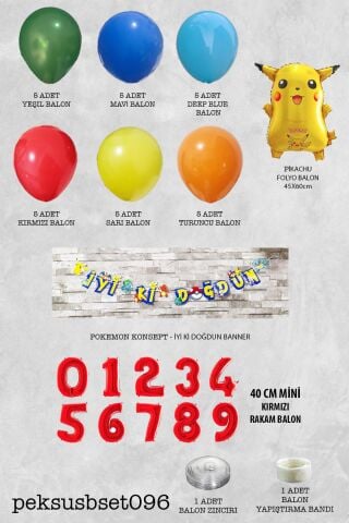 Pokemon Temalı Doğum Günü Parti Seti Yaş Balonlu Bannerlı Pokemon Doğum Günü Süsleme Seti