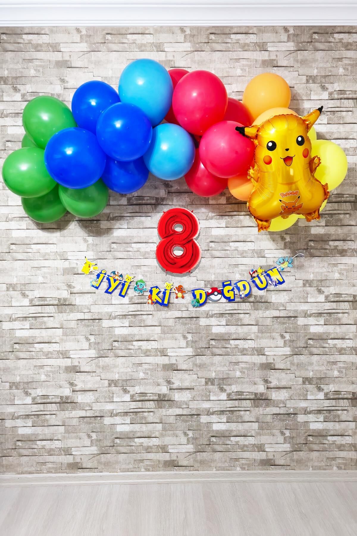 Pokemon Temalı Doğum Günü Parti Seti Yaş Balonlu Bannerlı Pokemon Doğum Günü Süsleme Seti 8