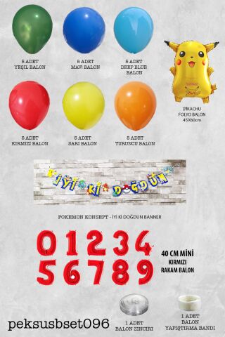 Pokemon Temalı Doğum Günü Parti Seti Yaş Balonlu Bannerlı Pokemon Doğum Günü Süsleme Seti 8