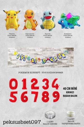 Pokemon Temalı Doğum Günü Parti Seti Pakemon Figürleri Balonlu Yaş Doğum Günü Rakam Balonlu Set 3