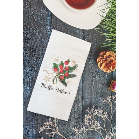 Mutlu Yıllar Yazılı Kokina Çiçekleri Yılbaşı Masası Sunum Peçetesi