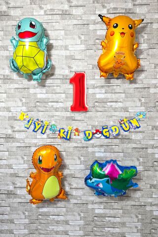 Pokemon Temalı Doğum Günü Parti Seti Pakemon Figürleri Balonlu Yaş Doğum Günü Rakam Balonlu Set 1