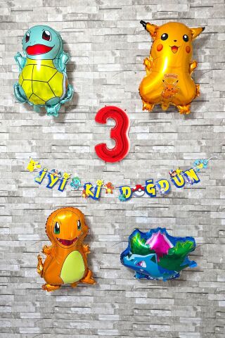 Pokemon Temalı Doğum Günü Parti Seti Pakemon Figürleri Balonlu Yaş Doğum Günü Rakam Balonlu Set 3