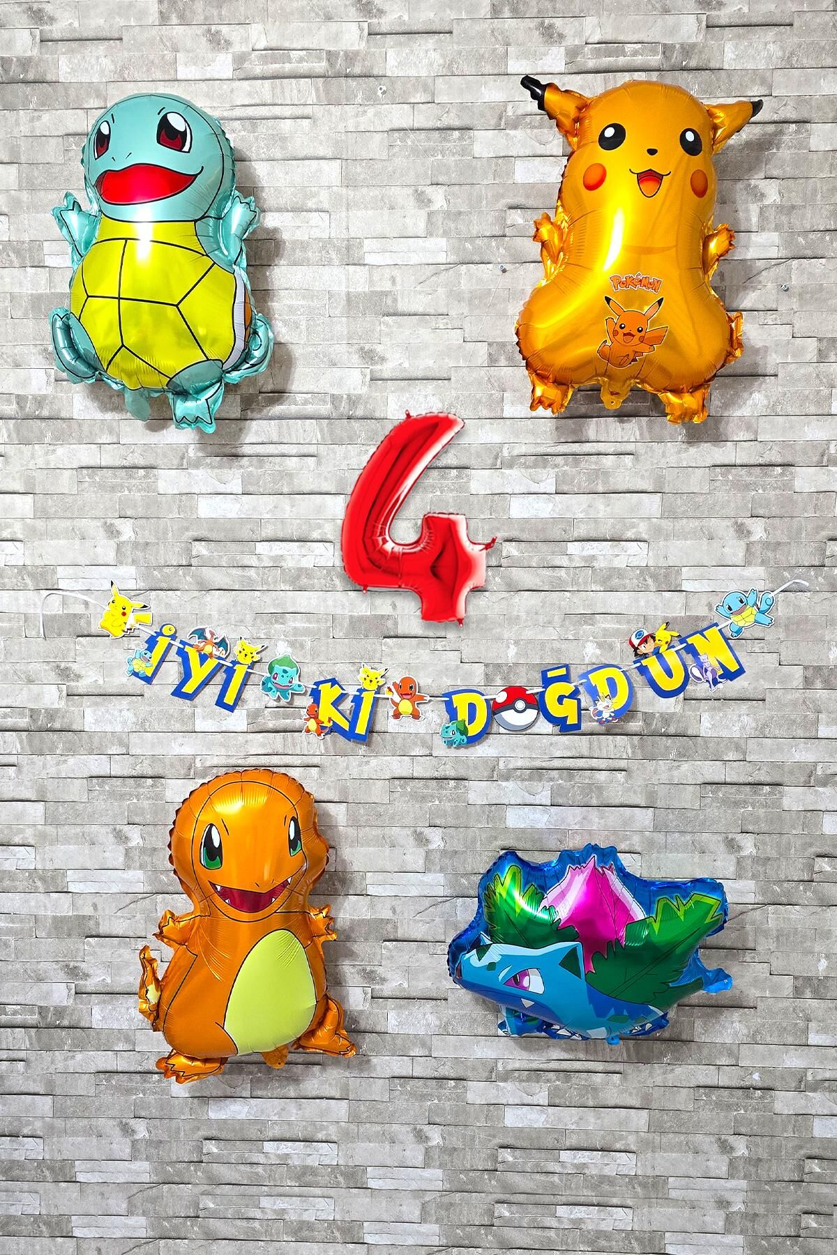 Pokemon Temalı Doğum Günü Parti Seti Pakemon Figürleri Balonlu Yaş Doğum Günü Rakam Balonlu Set 4