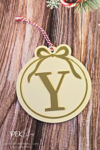Baş Harfli Yuvarlak Model Fiyonklu Yılbaşı Ağaç Süsü - Gold Baş Harf ve Fiyonk Tasarım Yeni Yıl Süsü Y