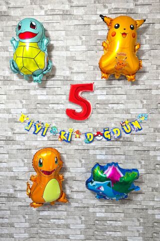 Pokemon Temalı Doğum Günü Parti Seti Pakemon Figürleri Balonlu Yaş Doğum Günü Rakam Balonlu Set 5