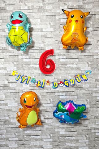 Pokemon Temalı Doğum Günü Parti Seti Pakemon Figürleri Balonlu Yaş Doğum Günü Rakam Balonlu Set 6