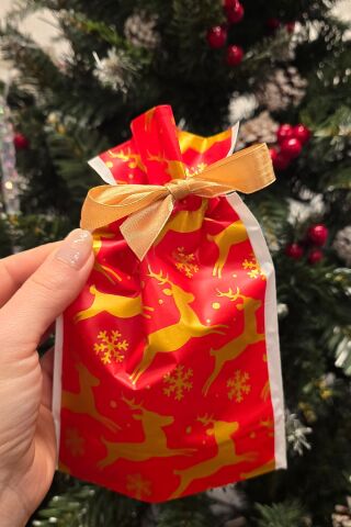 Yılbaşı Hediye Kesesi Geyik Desen Orta Boy Yılbaşı Hediyelik Kese Poşet 12x17cm 5li Paket