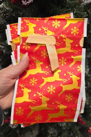 Yılbaşı Hediye Kesesi Geyik Desen Orta Boy Yılbaşı Hediyelik Kese Poşet 12x17cm 5li Paket