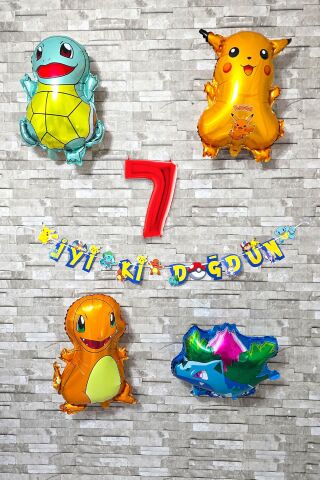Pokemon Temalı Doğum Günü Parti Seti Pakemon Figürleri Balonlu Yaş Doğum Günü Rakam Balonlu Set 7