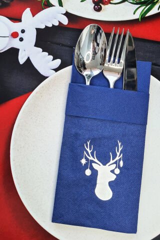 Kumaş Dokulu Lacivert Peçete Silver Varak Geyik Kafası Yılbaşı Sofrası - Yeni Yıl Peçetesi
