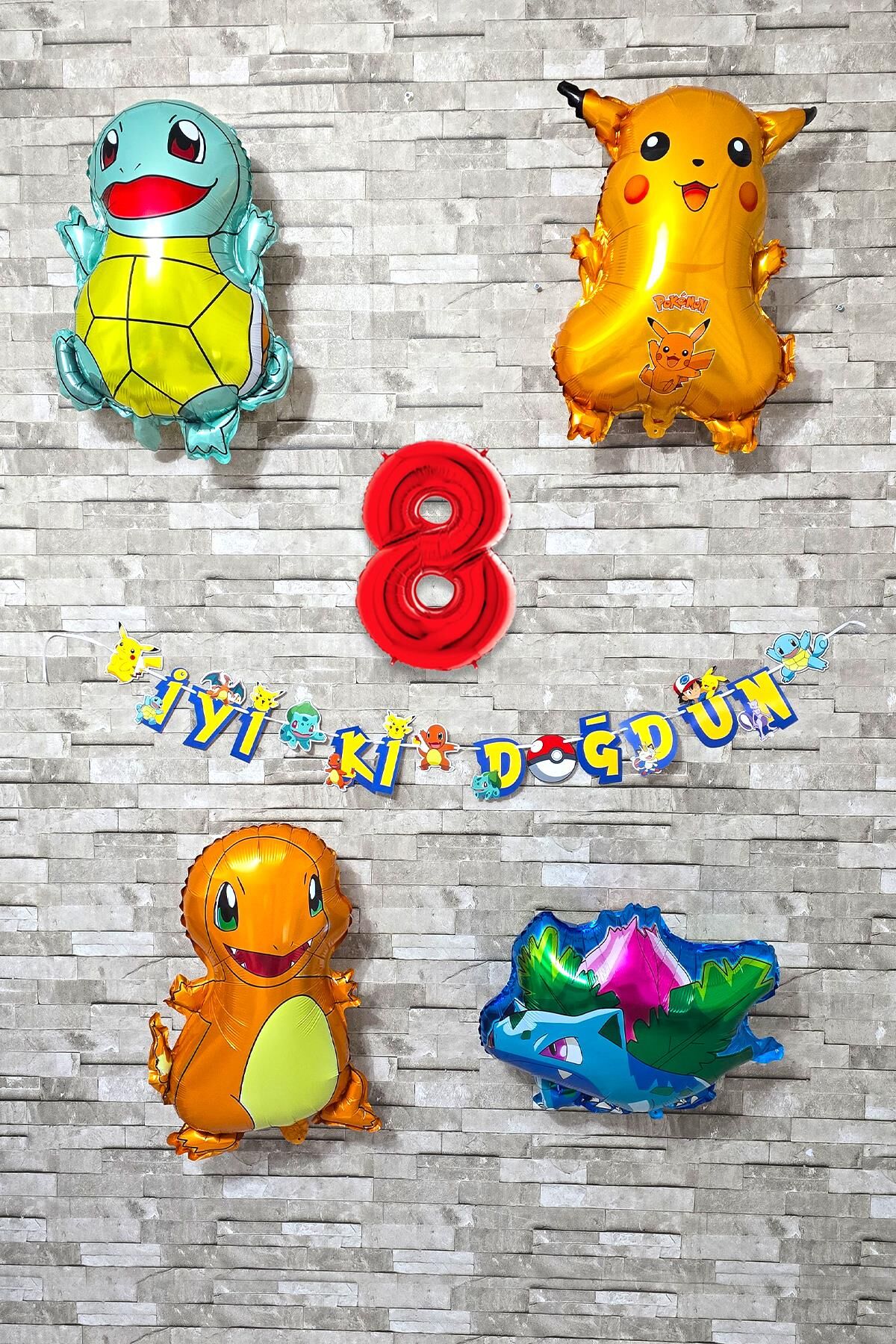 Pokemon Temalı Doğum Günü Parti Seti Pakemon Figürleri Balonlu Yaş Doğum Günü Rakam Balonlu Set 8