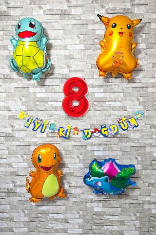 Pokemon Temalı Doğum Günü Parti Seti Pakemon Figürleri Balonlu Yaş Doğum Günü Rakam Balonlu Set 8