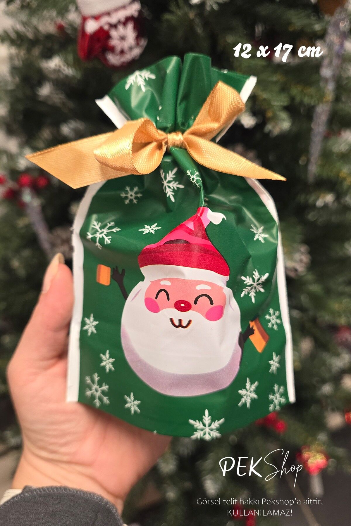 Yılbaşı Hediye Kesesi Noel Baba Desen Orta Boy Yılbaşı Hediyelik Kese Poşet 12x17cm 5li Paket