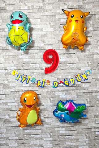 Pokemon Temalı Doğum Günü Parti Seti Pakemon Figürleri Balonlu Yaş Doğum Günü Rakam Balonlu Set 9
