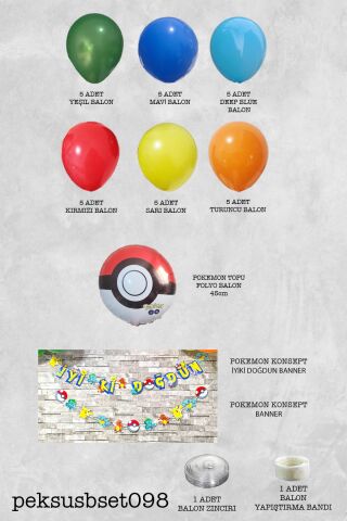 Pokemon Konsept Doğum Günü Balon Zinciri Seti 2 Bannerlı Doğum Günü Seti