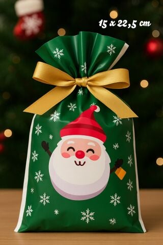 Yılbaşı Hediye Kesesi Noel Baba Desen Büyük Boy Yılbaşı Hediyelik Kese Poşet 15x22,5cm 5li Paket