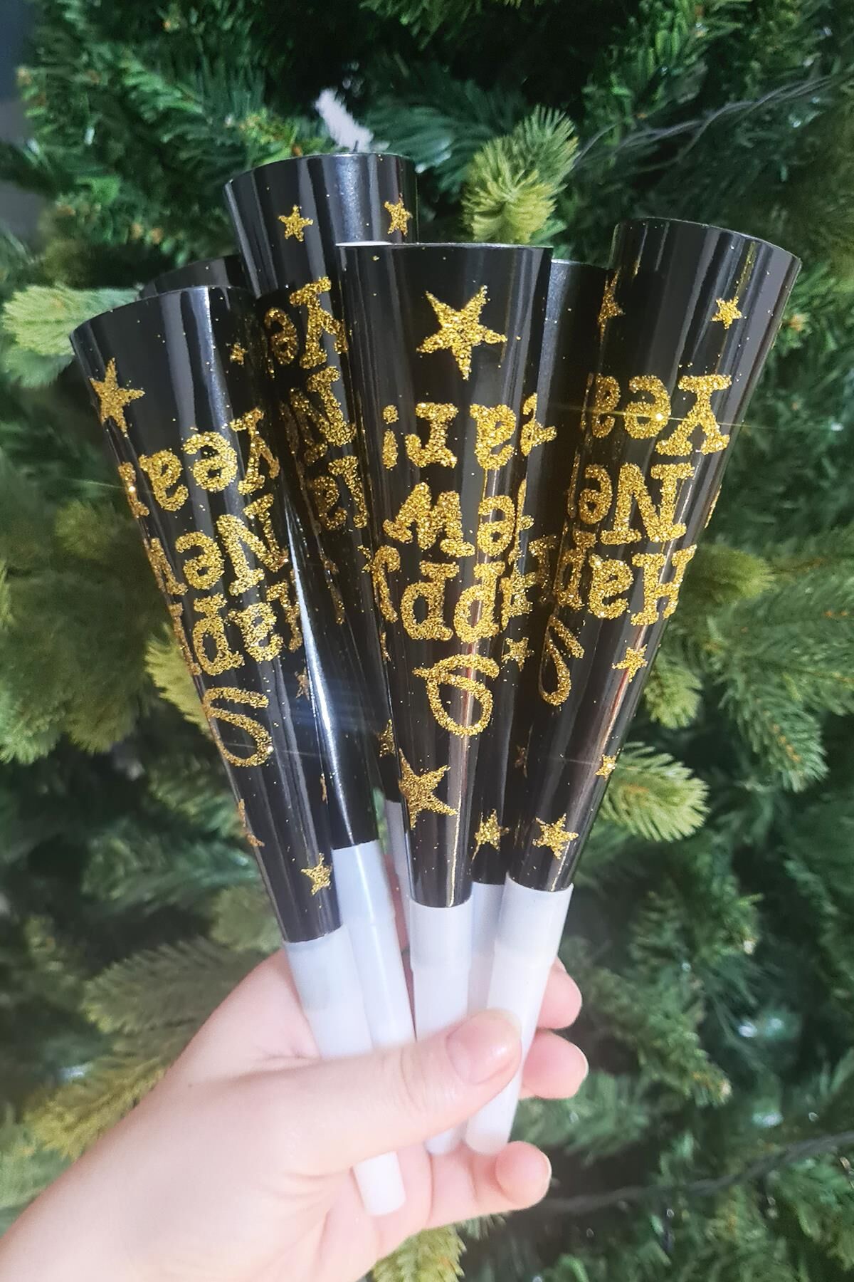 Yılbaşı Düdükleri Gold Lüks Happy New Year Yazılı Gold Simli Uzun Yüksek Sesli Vuvuzela 6'lı