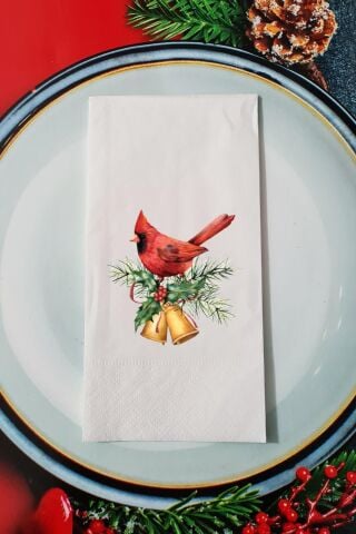 Yılbaşı Çanları ve Kırmızı Kuş Tasarımlı Yeni Yıl Yılbaşı Sunum Peçetesi