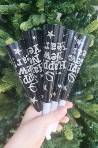 Yılbaşı Düdükleri Gümüş Lüks Happy New Year Yazılı Gümüş Simli Uzun Yüksek Sesli Vuvuzela 6'lı