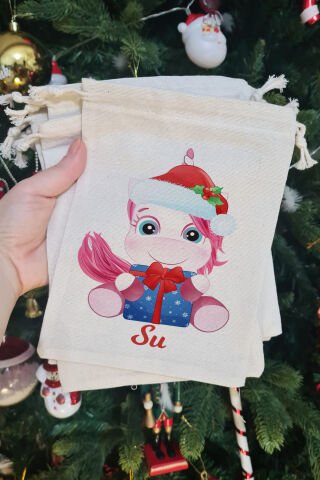 Yılbaşı Şapkalı Unicorn İsme Özel Yılbaşı Hediye Kesesi