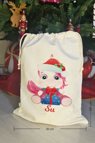 Yılbaşı Şapkalı Unicorn İsme Özel Yılbaşı Hediye Kesesi