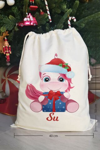 Yılbaşı Şapkalı Unicorn İsme Özel Yılbaşı Hediye Kesesi
