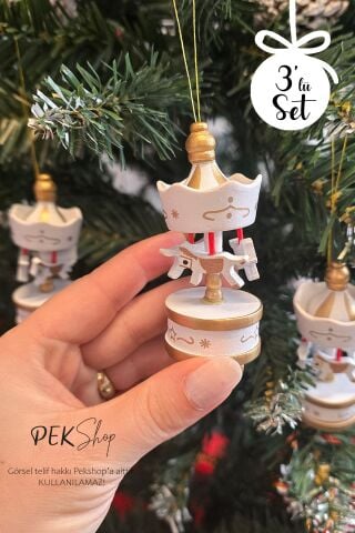 Ahşap Atlı Karınca Beyaz Renk 3lü Set Yılbaşı Hediyesi Ağaç Süsü Atlı Karınca Objeler