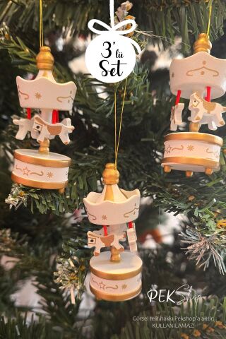 Ahşap Atlı Karınca Beyaz Renk 3lü Set Yılbaşı Hediyesi Ağaç Süsü Atlı Karınca Objeler