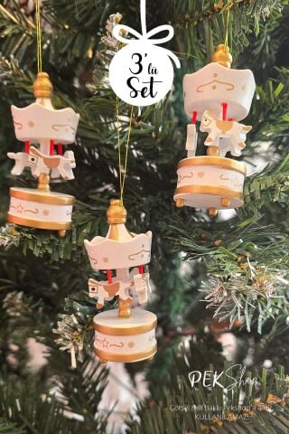 Ahşap Atlı Karınca Beyaz Renk 3lü Set Yılbaşı Hediyesi Ağaç Süsü Atlı Karınca Objeler