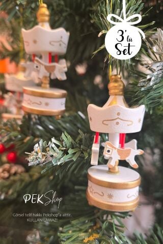 Ahşap Atlı Karınca Beyaz Renk 3lü Set Yılbaşı Hediyesi Ağaç Süsü Atlı Karınca Objeler