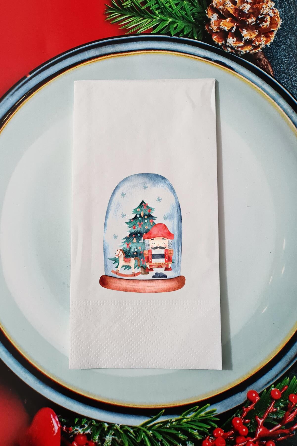 Kar Küresi İçinde Kurşun Askerler Tasarımlı Yılbaşı - Yeni Yıl Sunum Peçetesi