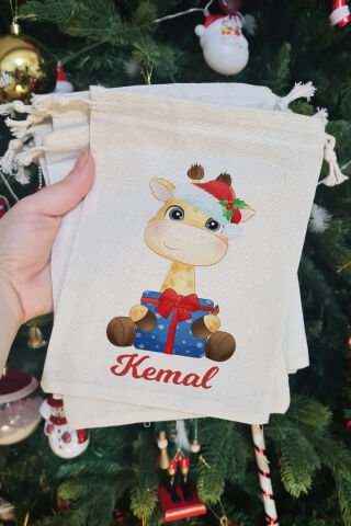 Yılbaşı Şapkalı Zürafa İsme Özel Yılbaşı Hediye Kesesi